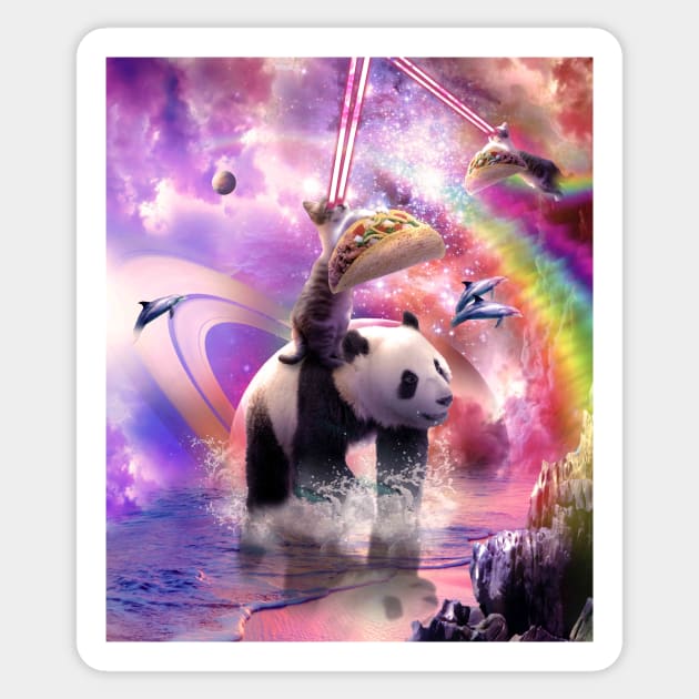 Rainbow Laser Space Cat On Panda Eating Taco Sticker by Random Galaxy